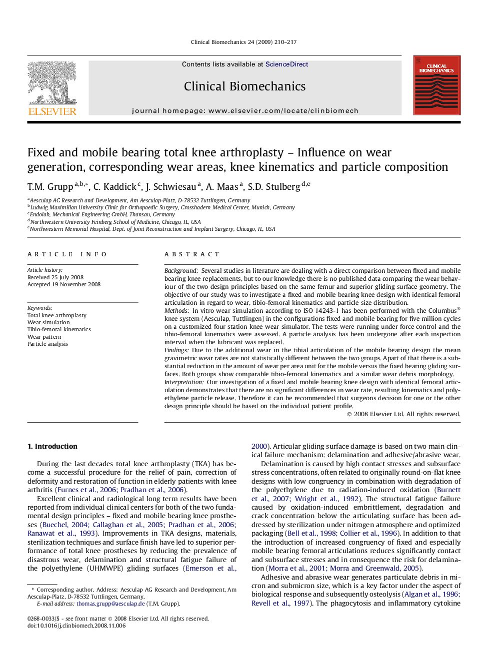 Fixed and mobile bearing total knee arthroplasty – Influence on wear generation, corresponding wear areas, knee kinematics and particle composition