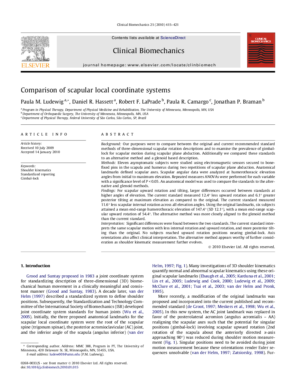 Comparison of scapular local coordinate systems