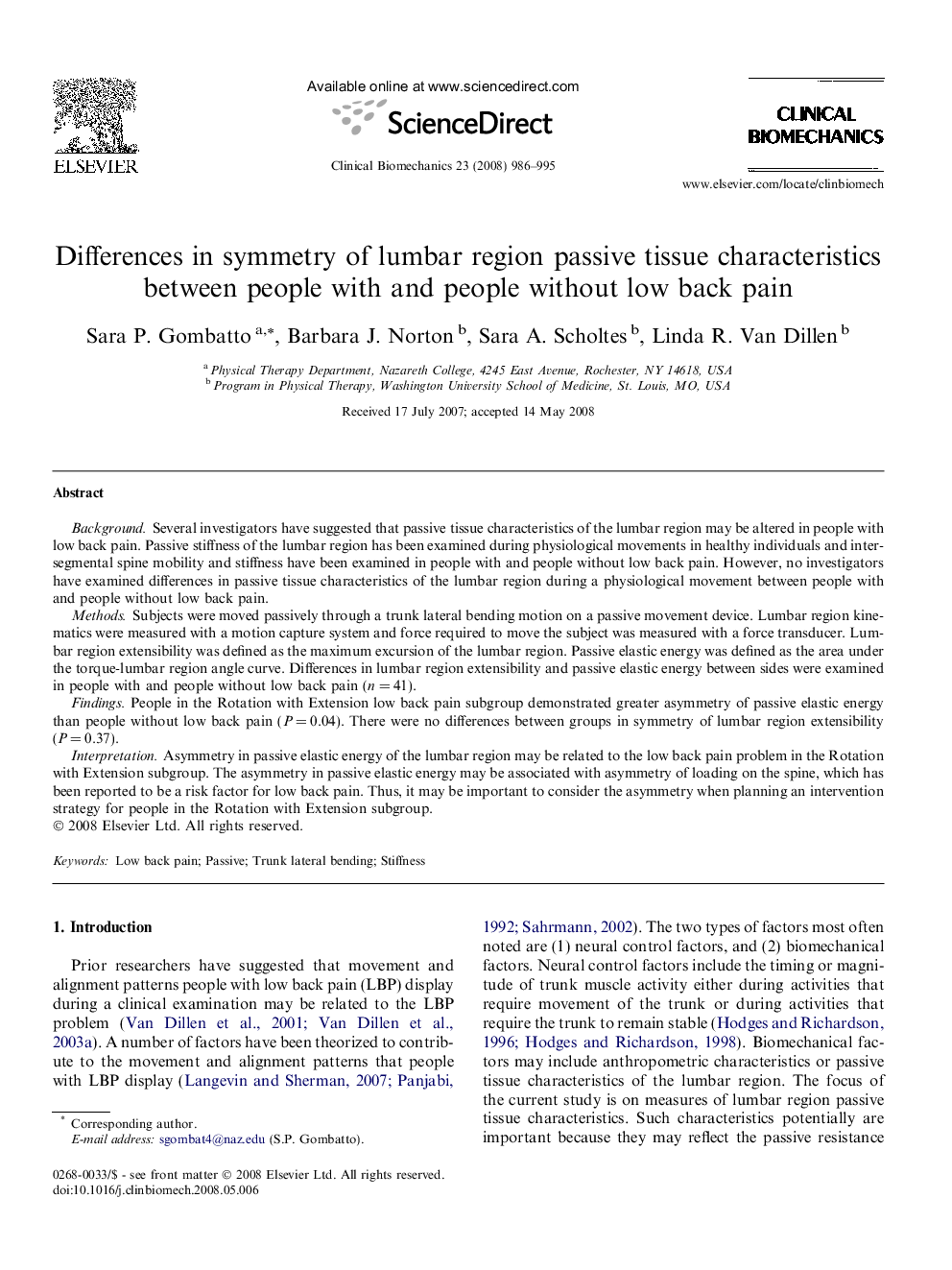 Differences in symmetry of lumbar region passive tissue characteristics between people with and people without low back pain