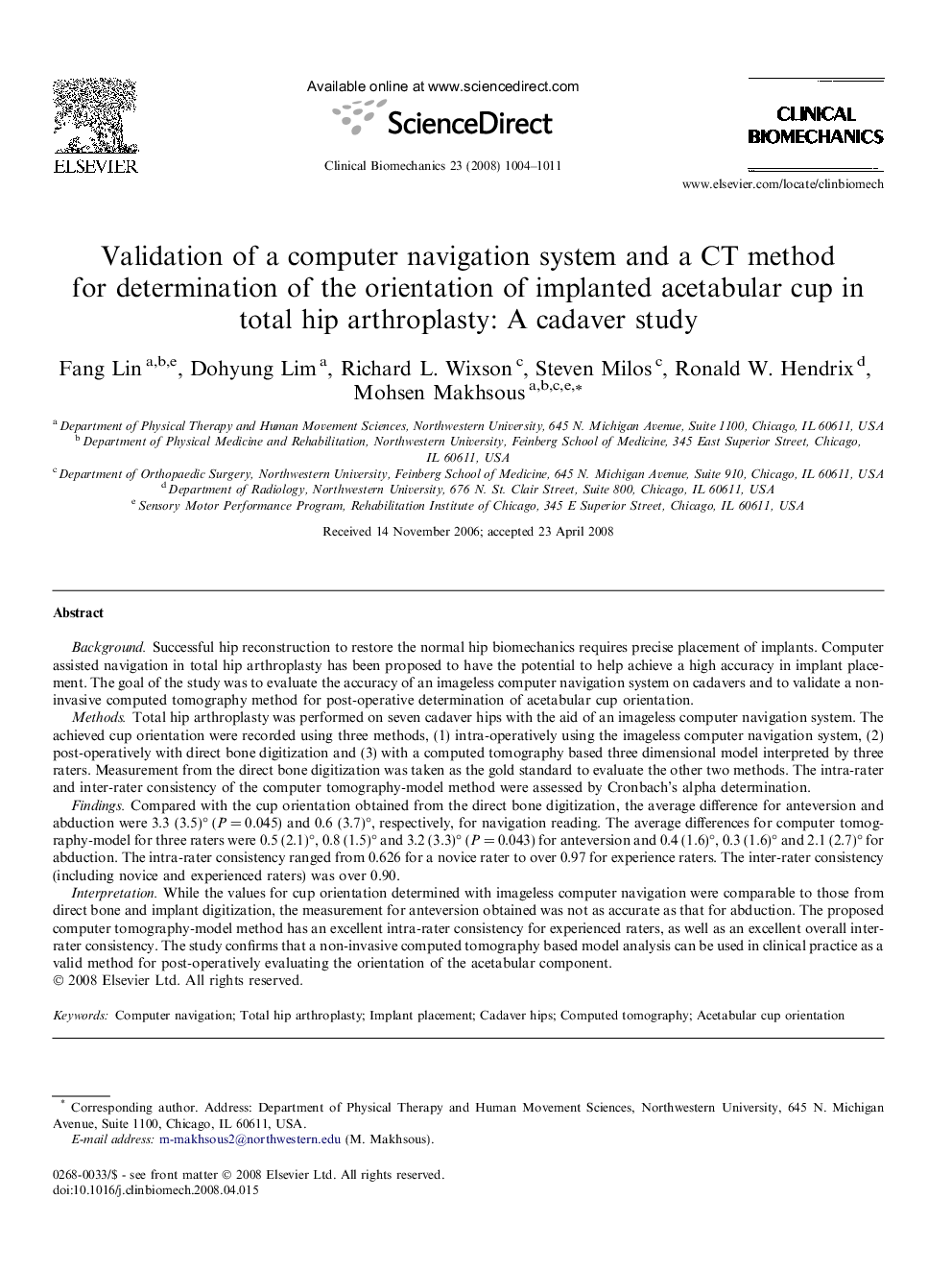 Validation of a computer navigation system and a CT method for determination of the orientation of implanted acetabular cup in total hip arthroplasty: A cadaver study