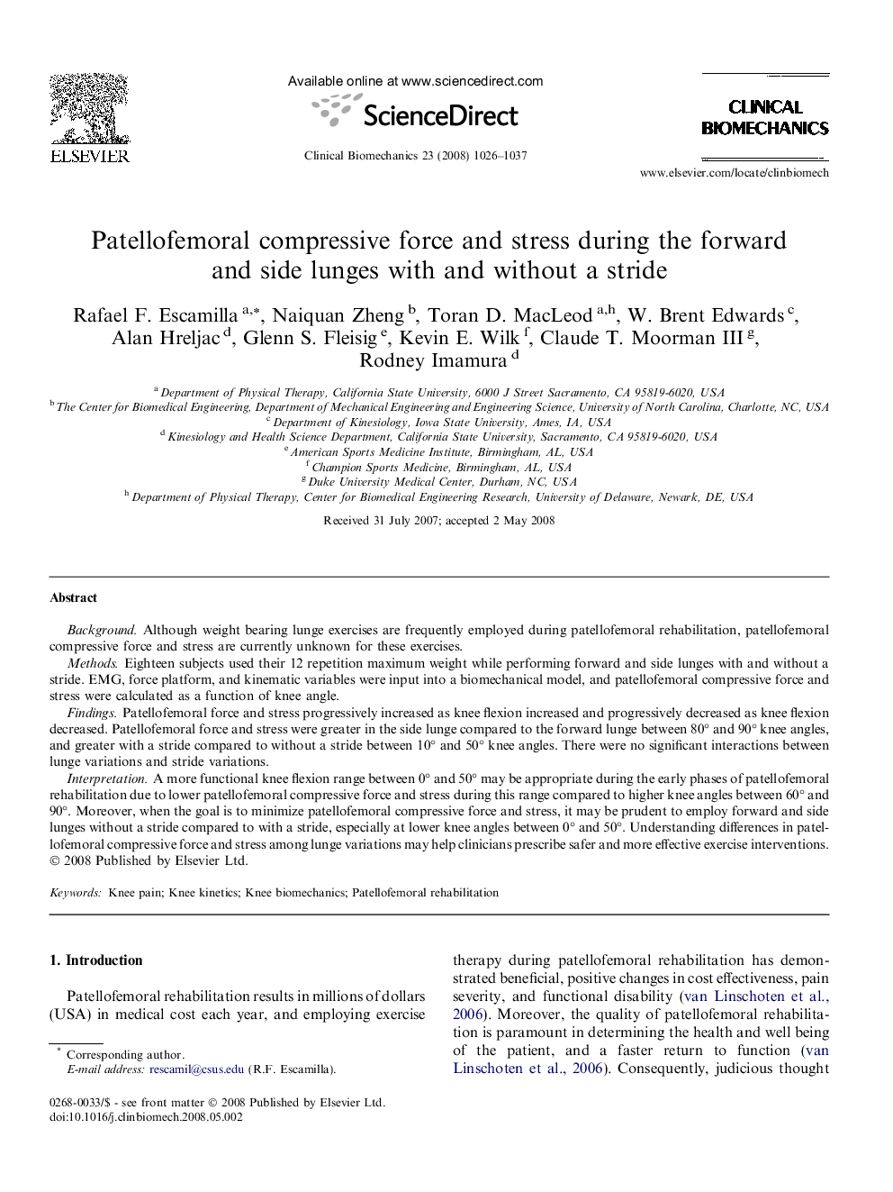 Patellofemoral compressive force and stress during the forward and side lunges with and without a stride