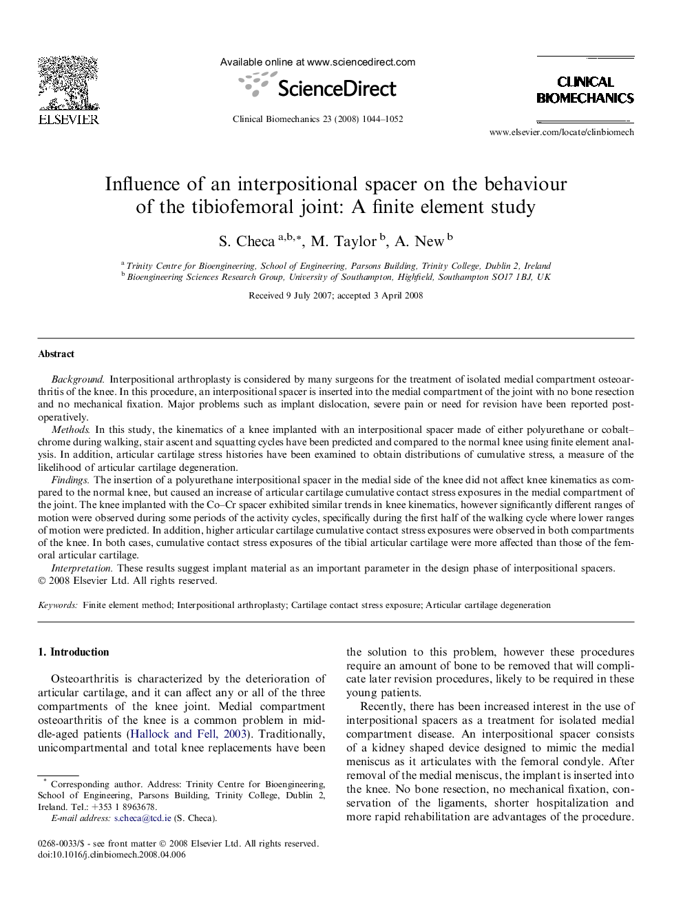 Influence of an interpositional spacer on the behaviour of the tibiofemoral joint: A finite element study