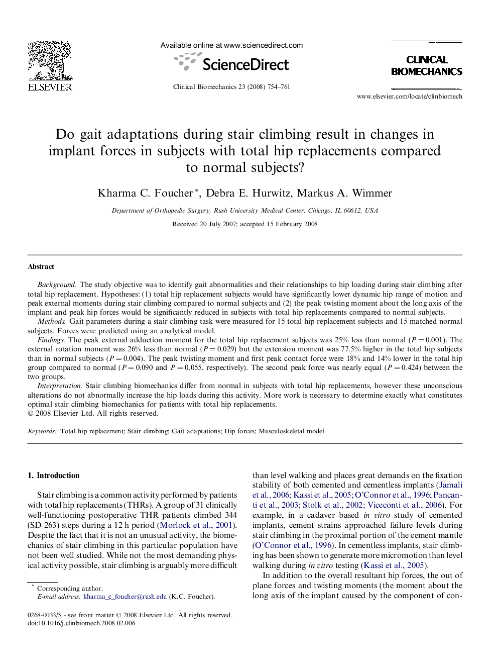 Do gait adaptations during stair climbing result in changes in implant forces in subjects with total hip replacements compared to normal subjects?