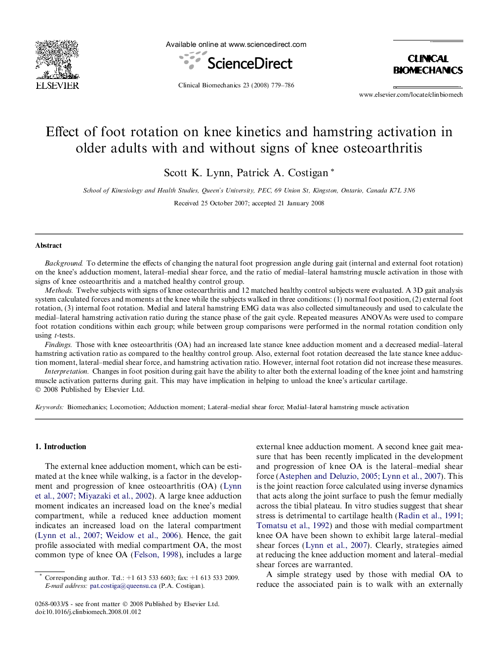 Effect of foot rotation on knee kinetics and hamstring activation in older adults with and without signs of knee osteoarthritis