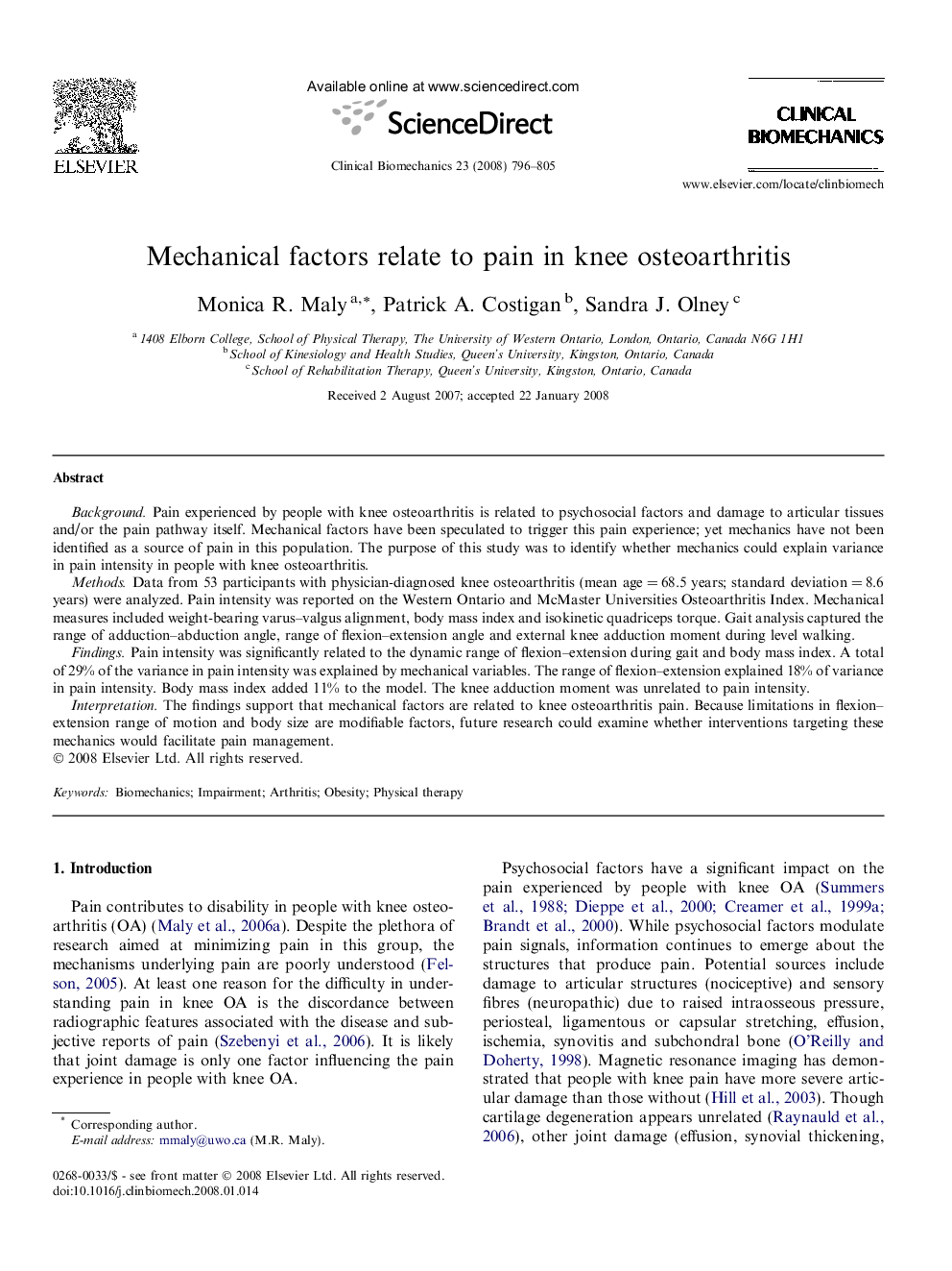 Mechanical factors relate to pain in knee osteoarthritis