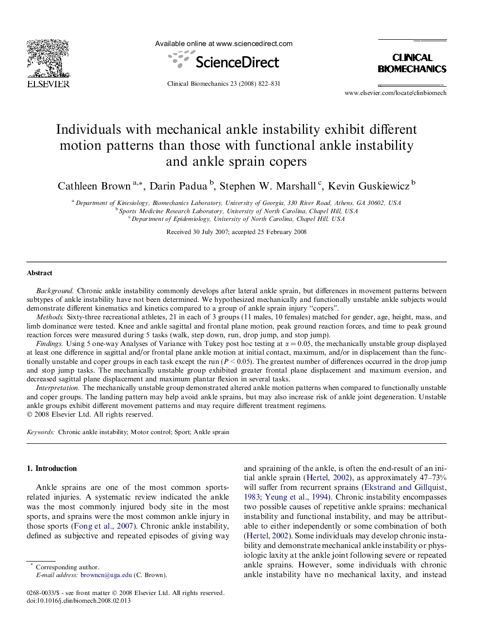 Individuals with mechanical ankle instability exhibit different motion patterns than those with functional ankle instability and ankle sprain copers