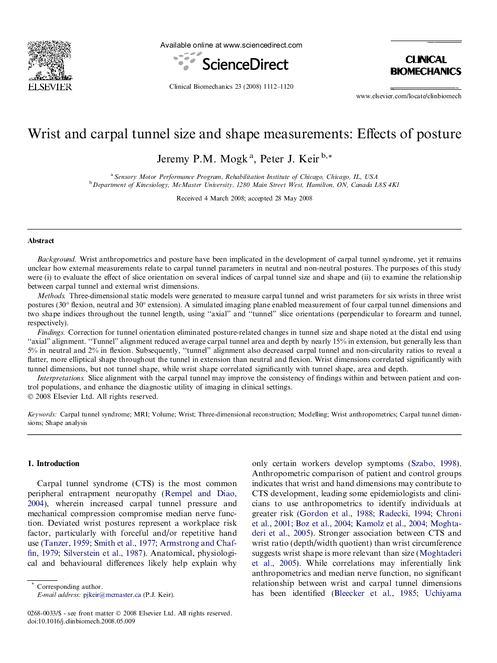 Wrist and carpal tunnel size and shape measurements: Effects of posture