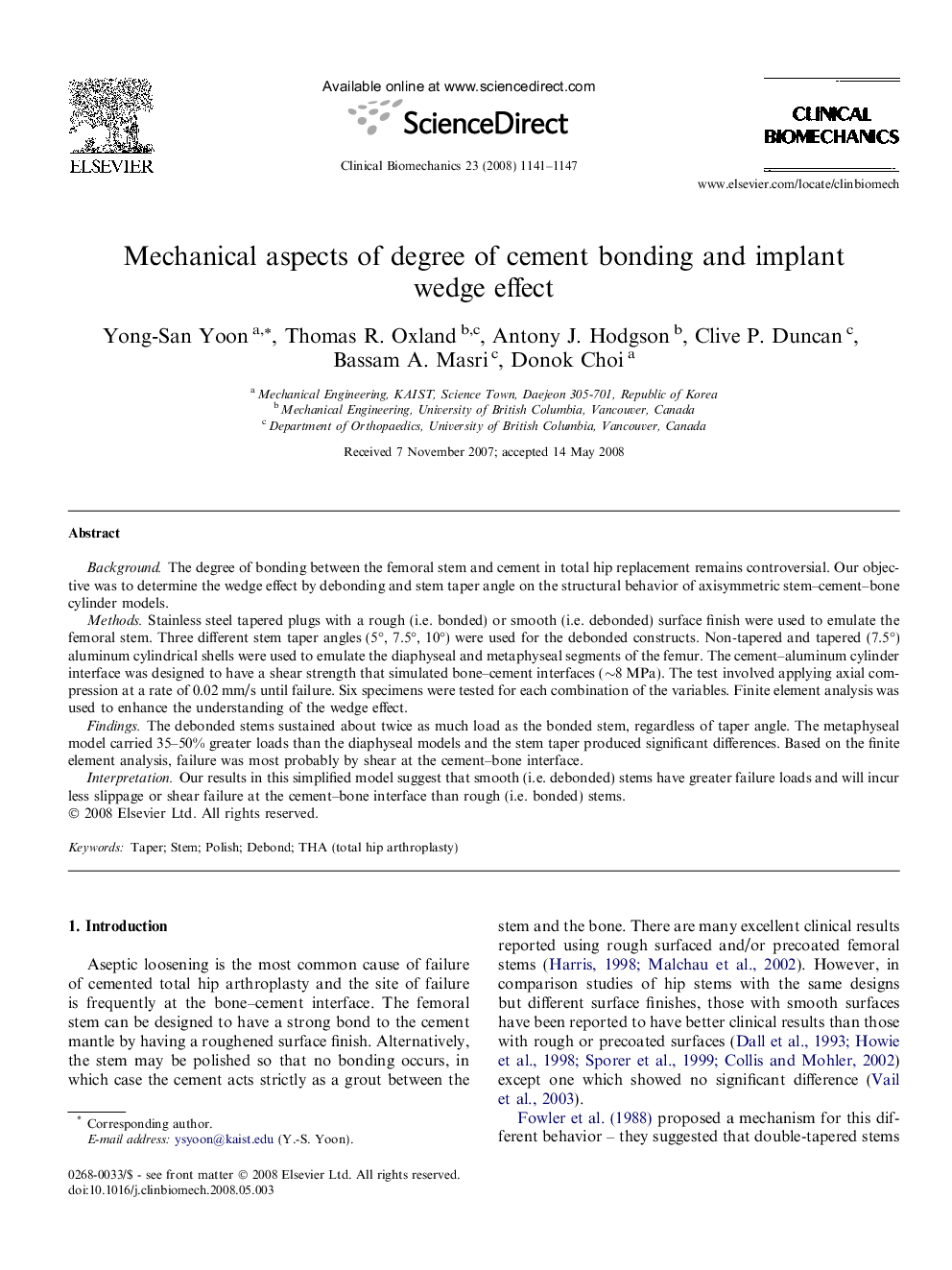 Mechanical aspects of degree of cement bonding and implant wedge effect