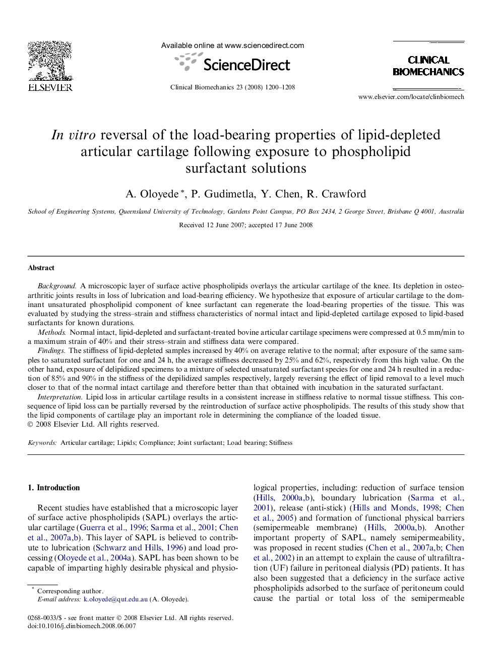 In vitro reversal of the load-bearing properties of lipid-depleted articular cartilage following exposure to phospholipid surfactant solutions