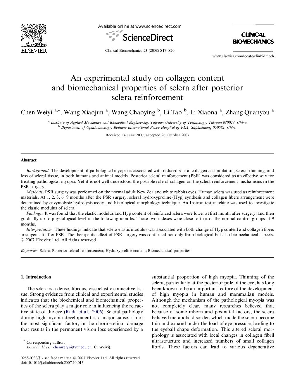 An experimental study on collagen content and biomechanical properties of sclera after posterior sclera reinforcement