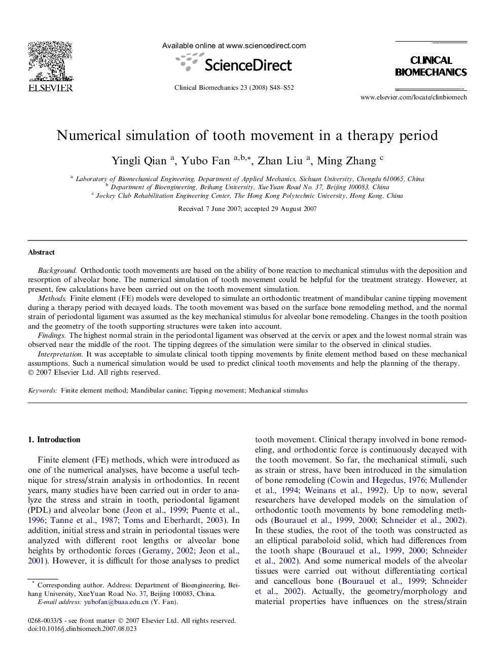 Numerical simulation of tooth movement in a therapy period