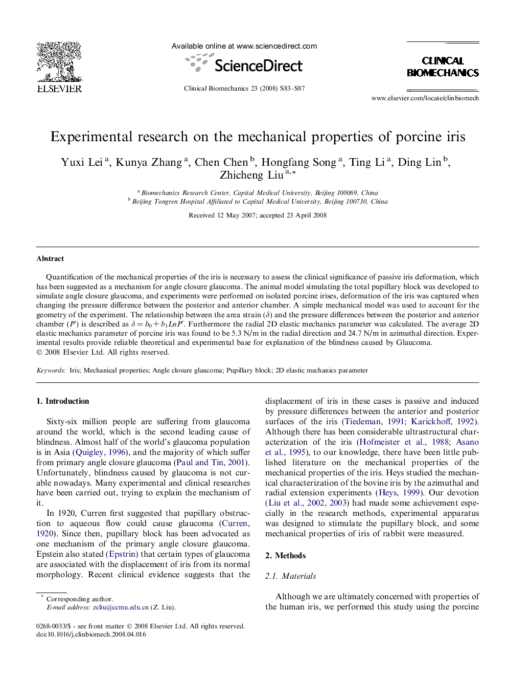 Experimental research on the mechanical properties of porcine iris