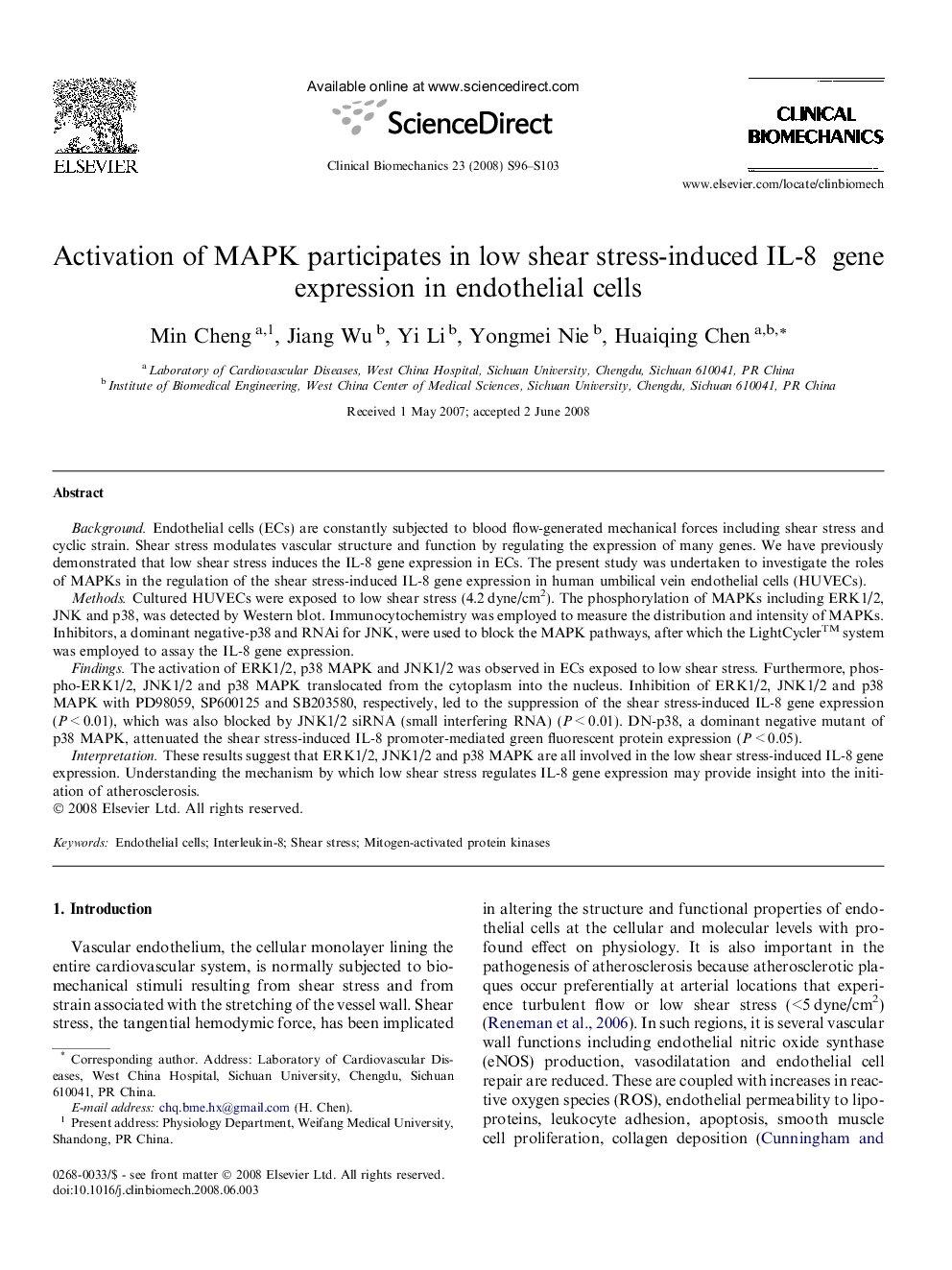 Activation of MAPK participates in low shear stress-induced IL-8 gene expression in endothelial cells