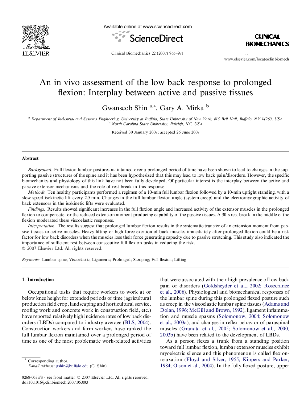 An in vivo assessment of the low back response to prolonged flexion: Interplay between active and passive tissues