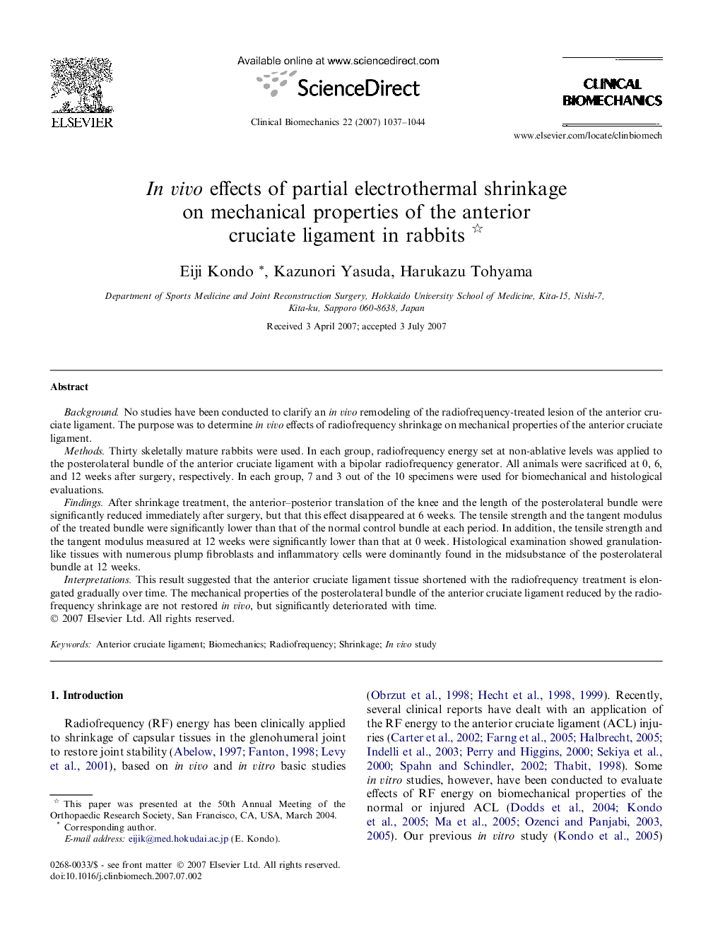 In vivo effects of partial electrothermal shrinkage on mechanical properties of the anterior cruciate ligament in rabbits 