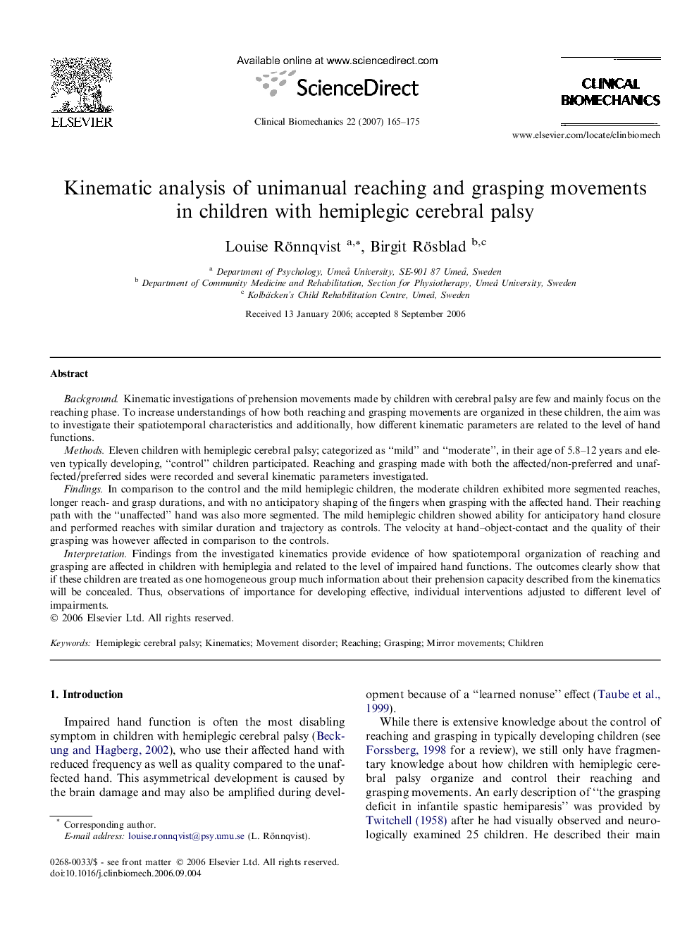 Kinematic analysis of unimanual reaching and grasping movements in children with hemiplegic cerebral palsy