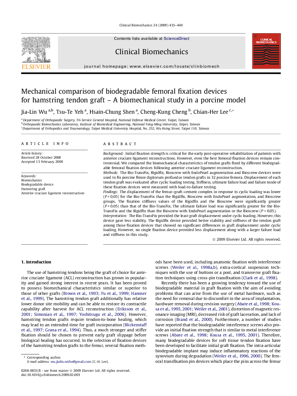 Mechanical comparison of biodegradable femoral fixation devices for hamstring tendon graft – A biomechanical study in a porcine model