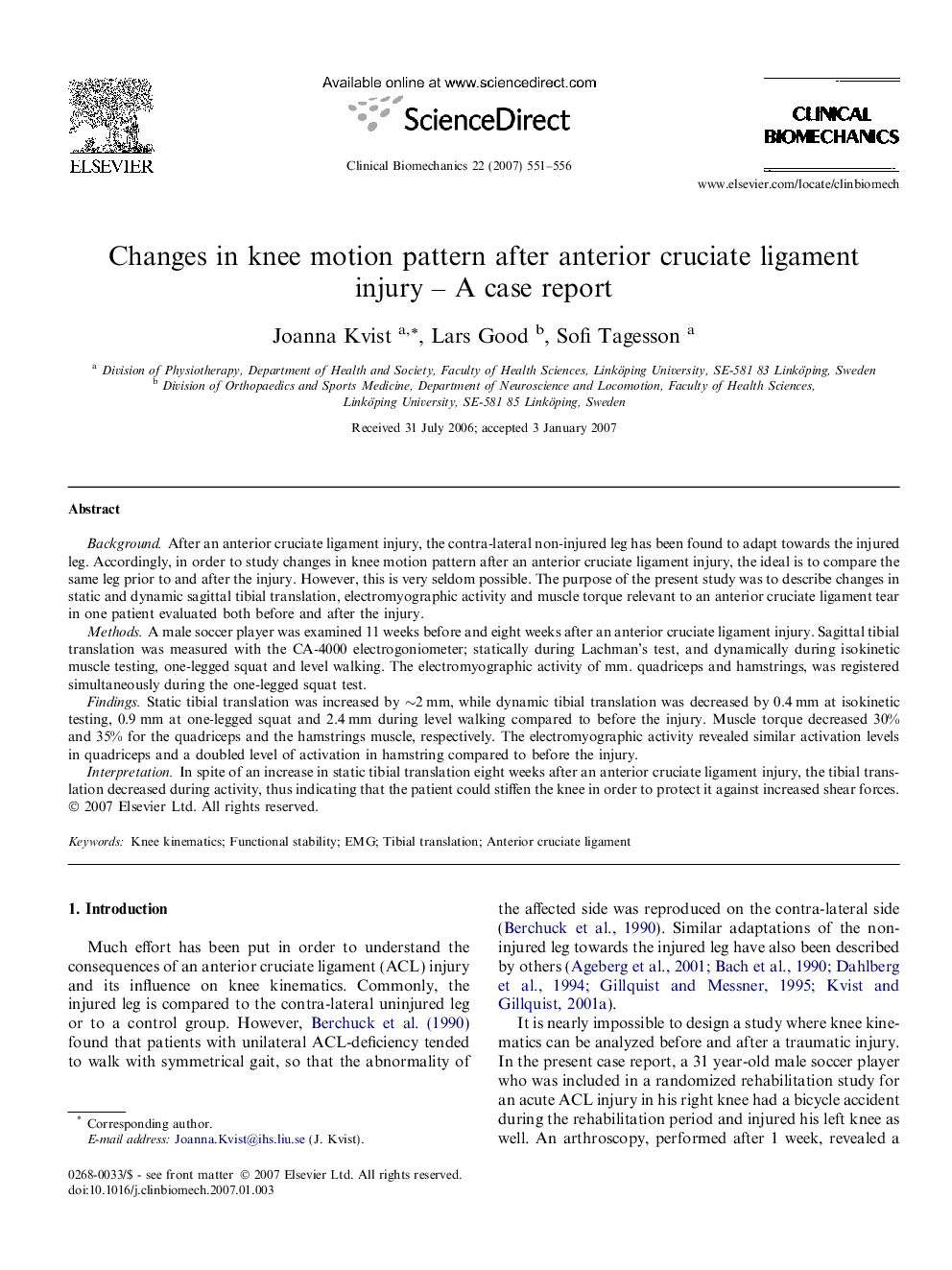 Changes in knee motion pattern after anterior cruciate ligament injury – A case report