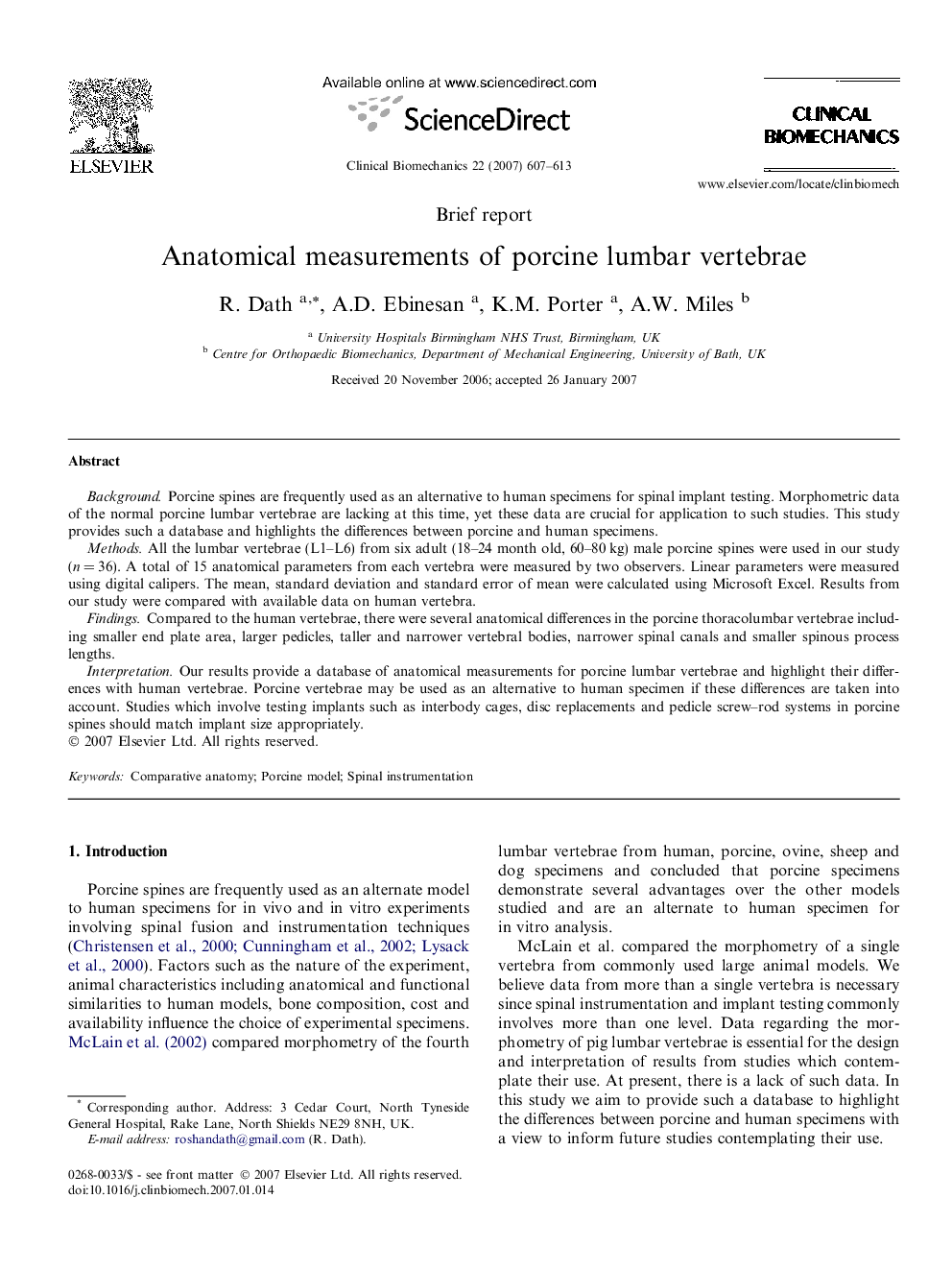 Anatomical measurements of porcine lumbar vertebrae