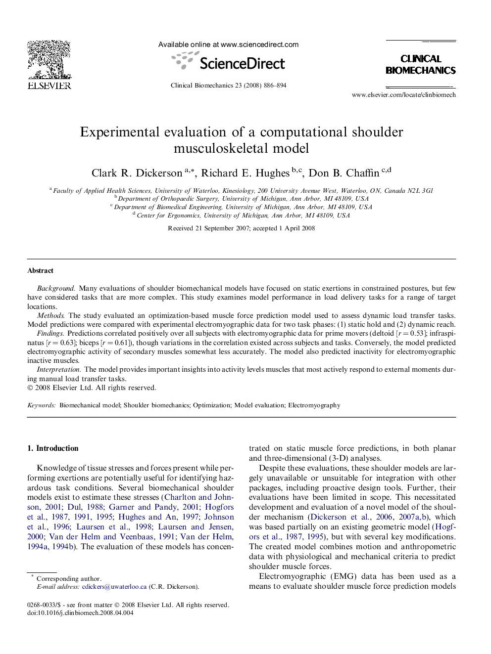 Experimental evaluation of a computational shoulder musculoskeletal model