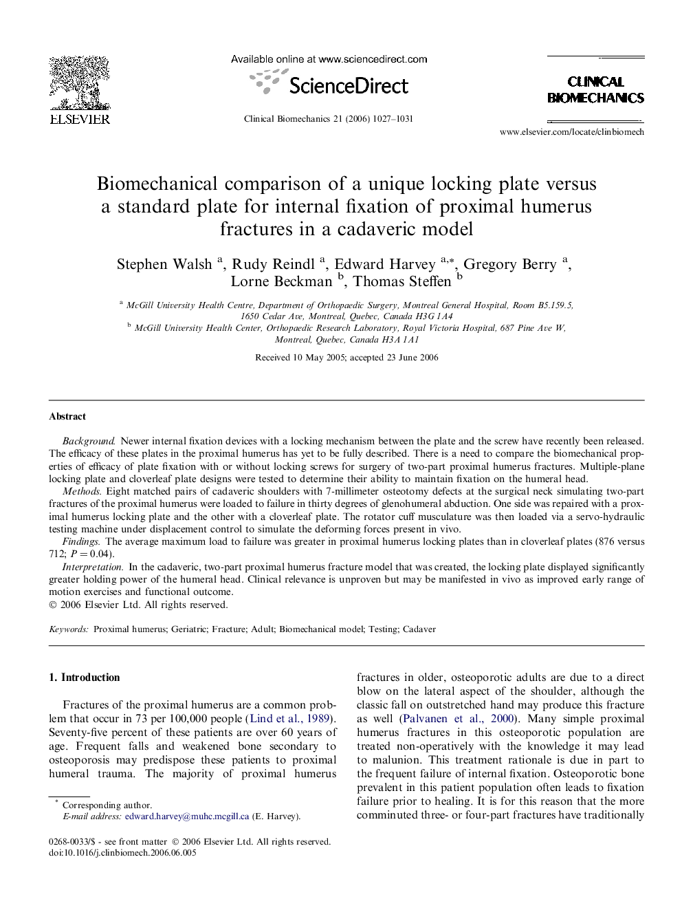 Biomechanical comparison of a unique locking plate versus a standard plate for internal fixation of proximal humerus fractures in a cadaveric model