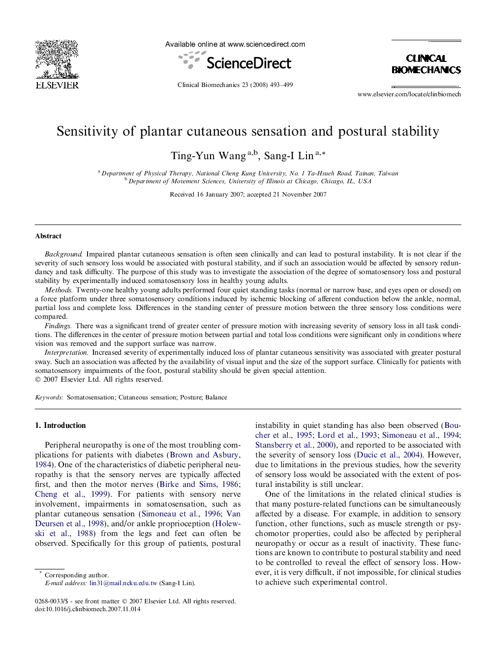 Sensitivity of plantar cutaneous sensation and postural stability