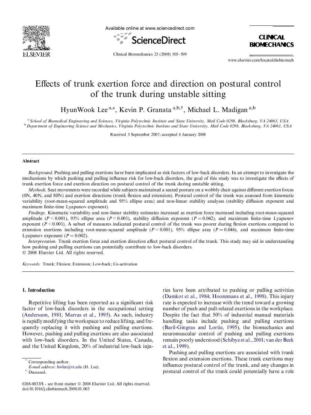 Effects of trunk exertion force and direction on postural control of the trunk during unstable sitting