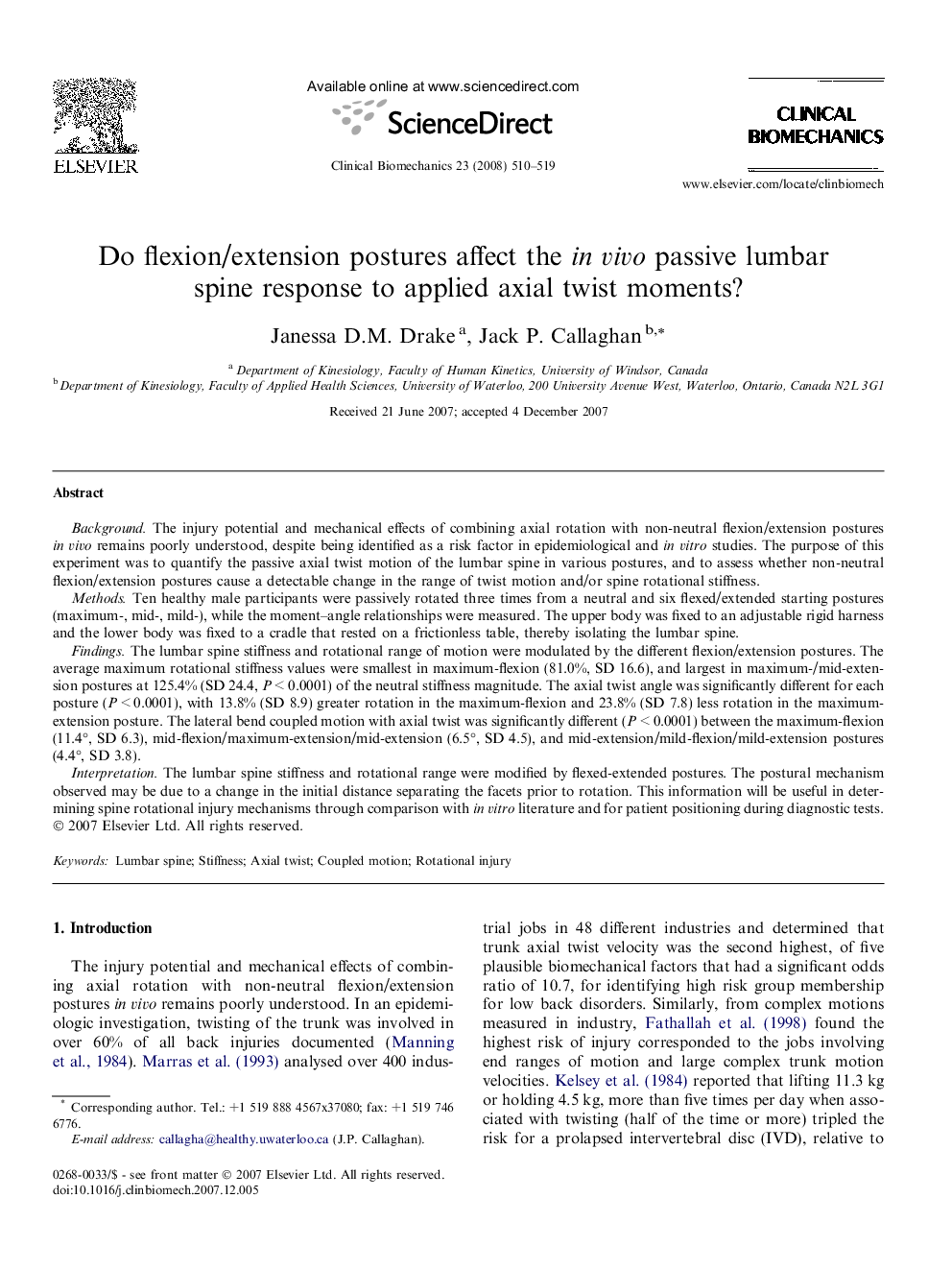 Do flexion/extension postures affect the in vivo passive lumbar spine response to applied axial twist moments?