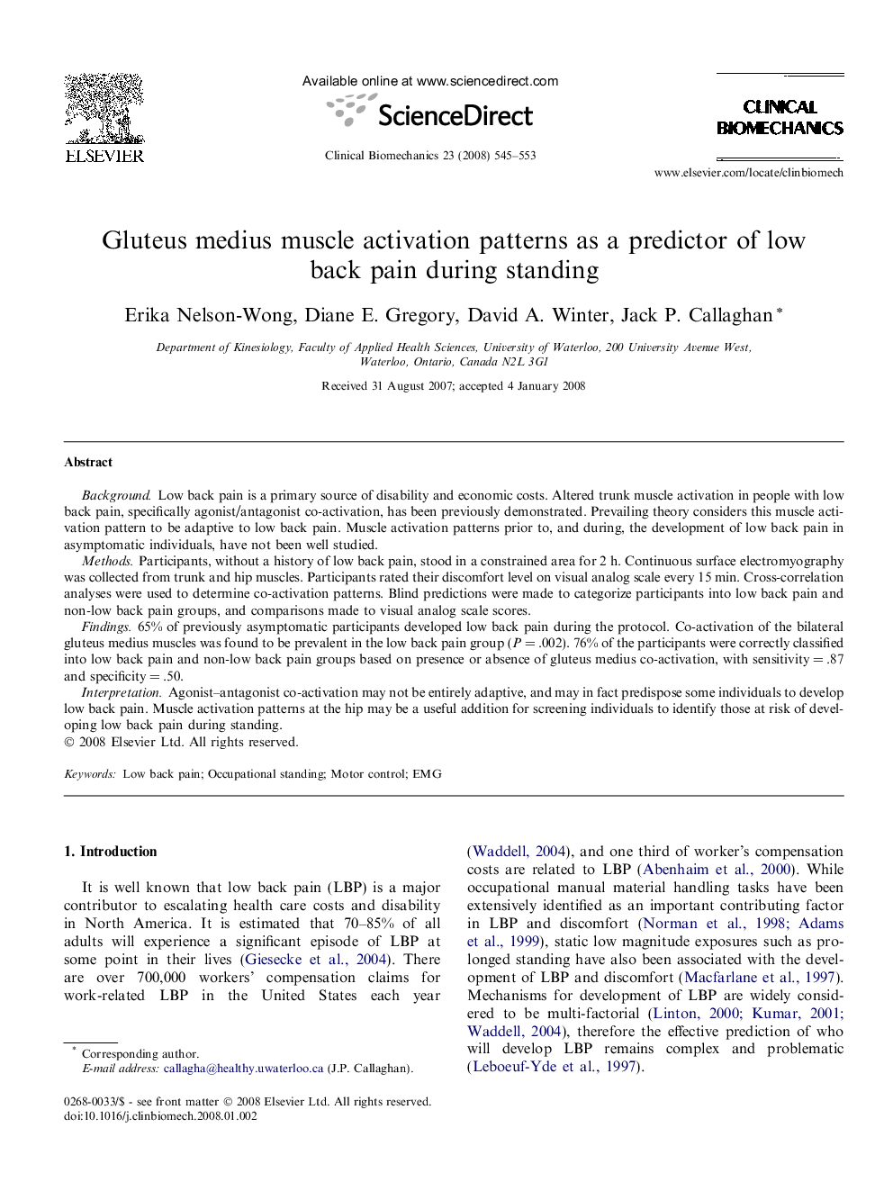 Gluteus medius muscle activation patterns as a predictor of low back pain during standing