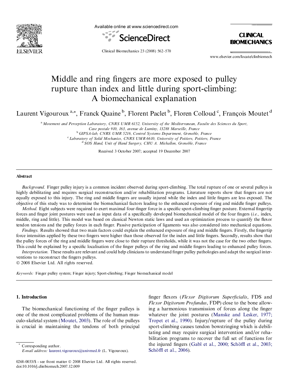 Middle and ring fingers are more exposed to pulley rupture than index and little during sport-climbing: A biomechanical explanation