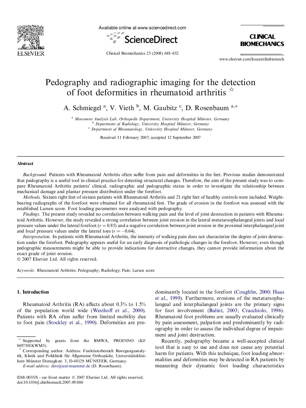 Pedography and radiographic imaging for the detection of foot deformities in rheumatoid arthritis 