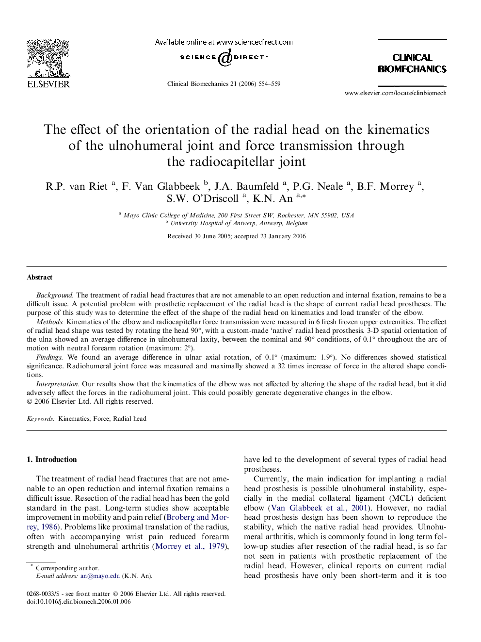 The effect of the orientation of the radial head on the kinematics of the ulnohumeral joint and force transmission through the radiocapitellar joint