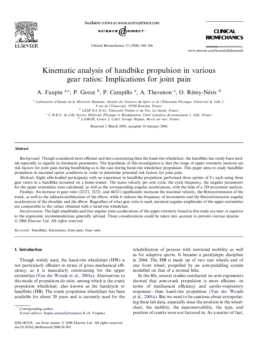 Kinematic analysis of handbike propulsion in various gear ratios: Implications for joint pain