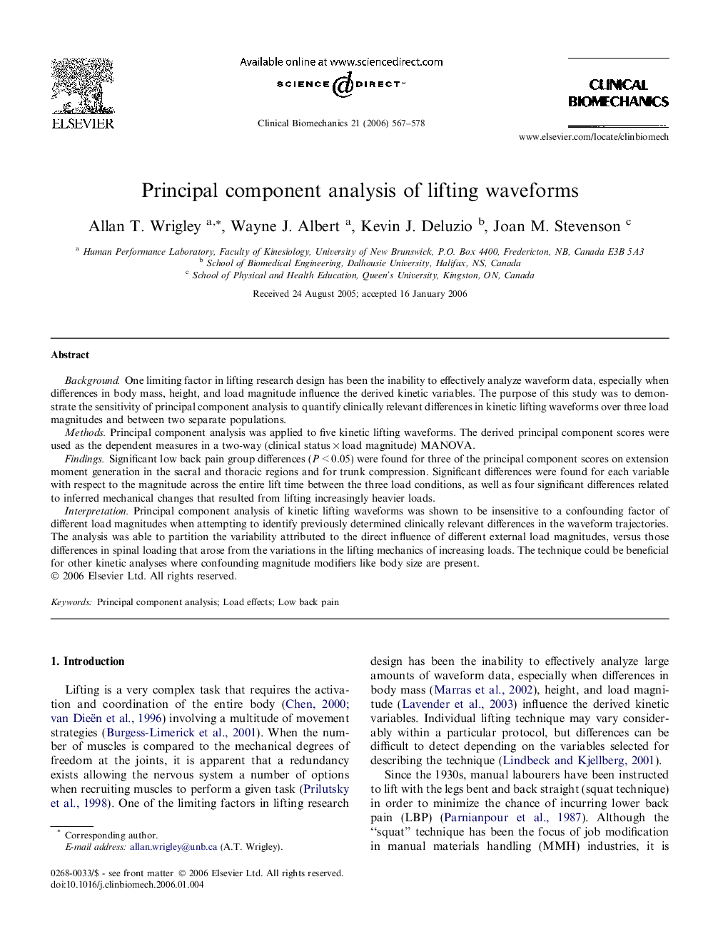 Principal component analysis of lifting waveforms