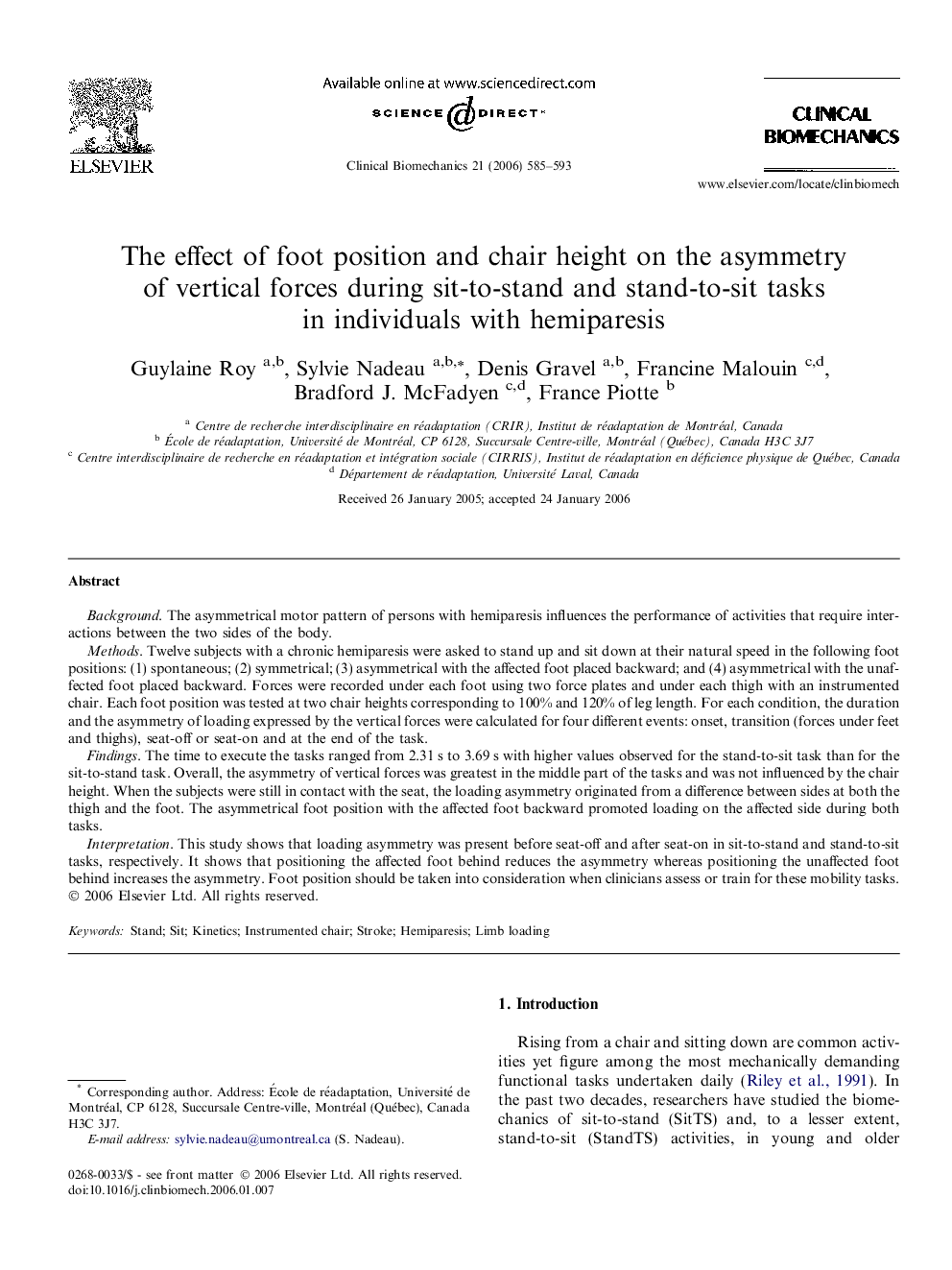 The effect of foot position and chair height on the asymmetry of vertical forces during sit-to-stand and stand-to-sit tasks in individuals with hemiparesis