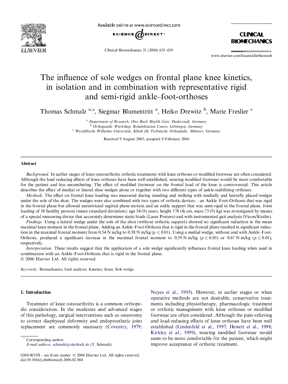 The influence of sole wedges on frontal plane knee kinetics, in isolation and in combination with representative rigid and semi-rigid ankle–foot-orthoses