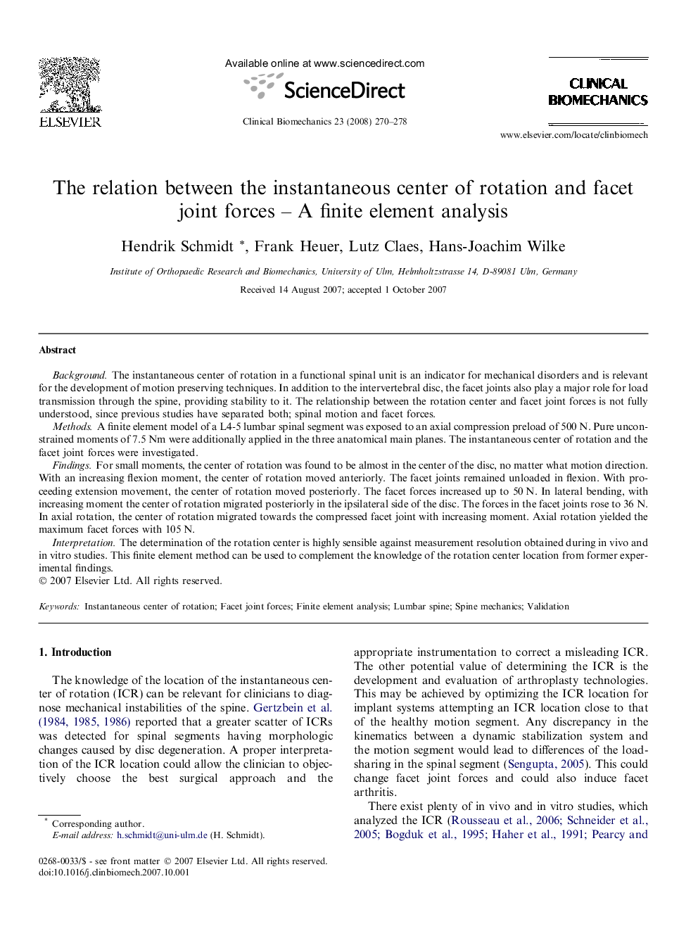 The relation between the instantaneous center of rotation and facet joint forces – A finite element analysis