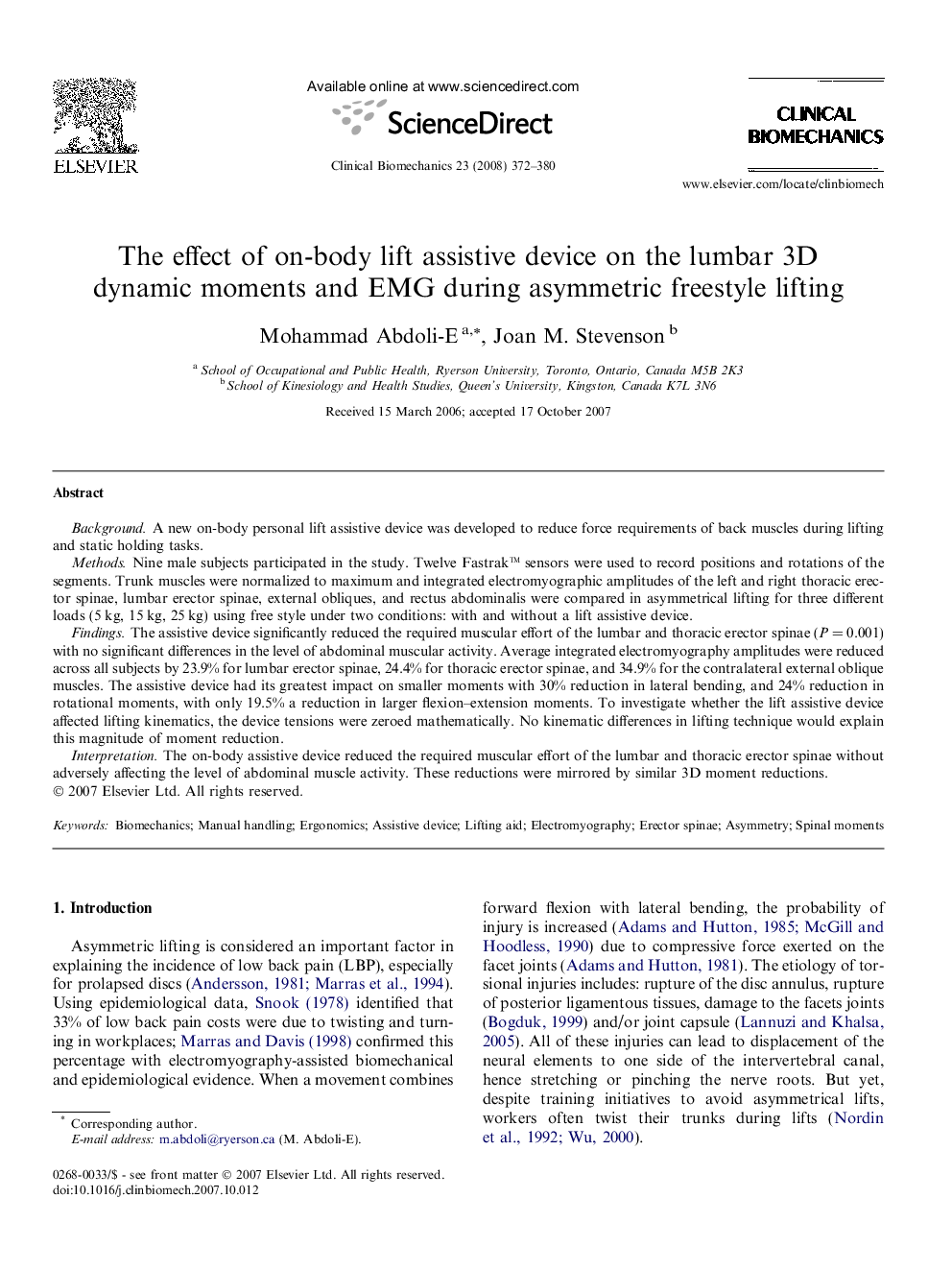 The effect of on-body lift assistive device on the lumbar 3D dynamic moments and EMG during asymmetric freestyle lifting