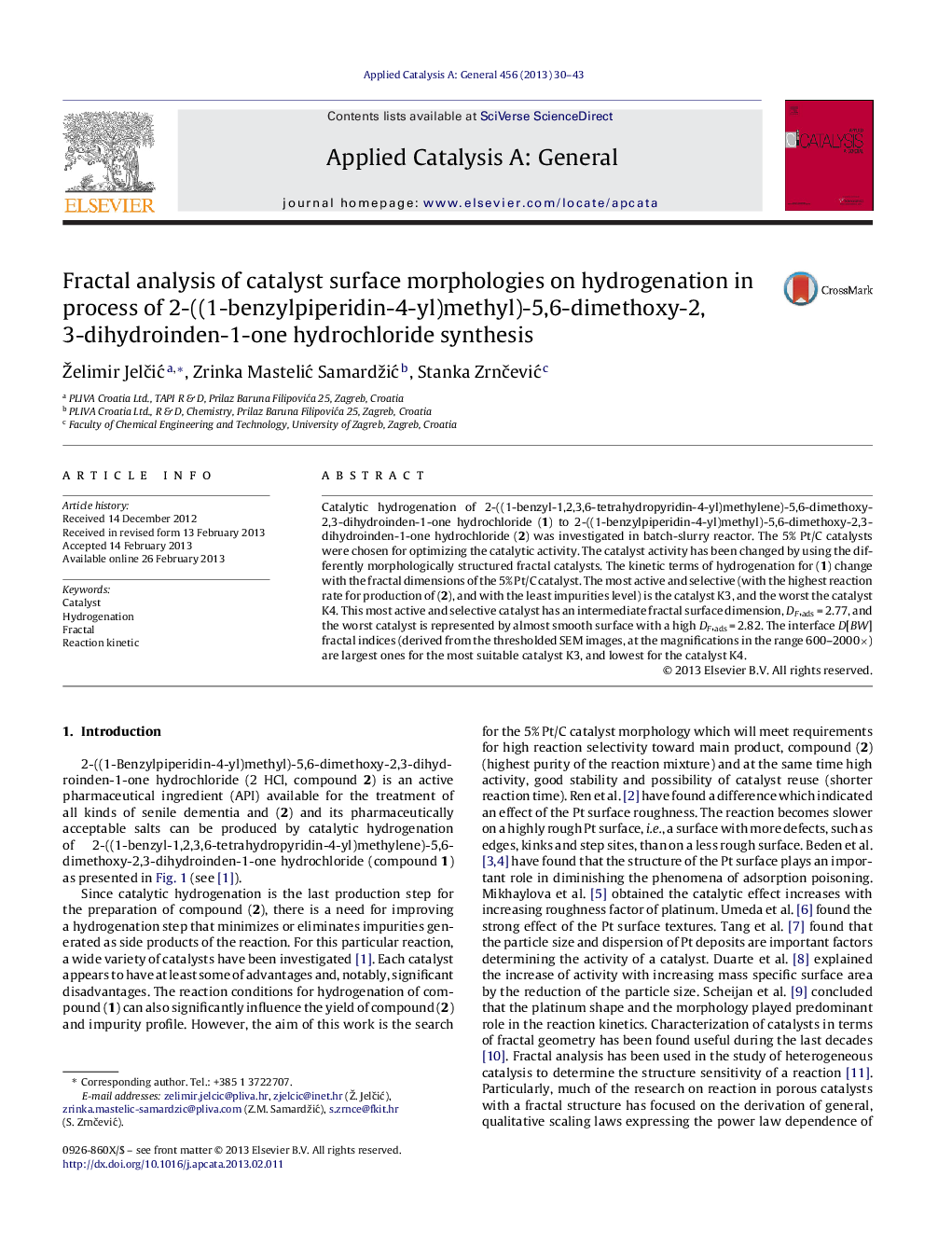 Fractal analysis of catalyst surface morphologies on hydrogenation in process of 2-((1-benzylpiperidin-4-yl)methyl)-5,6-dimethoxy-2,3-dihydroinden-1-one hydrochloride synthesis