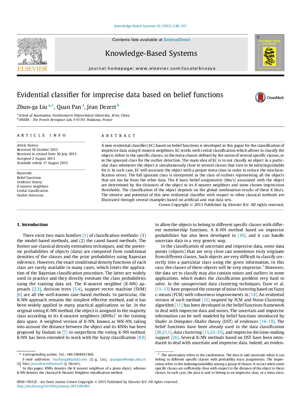 Evidential classifier for imprecise data based on belief functions