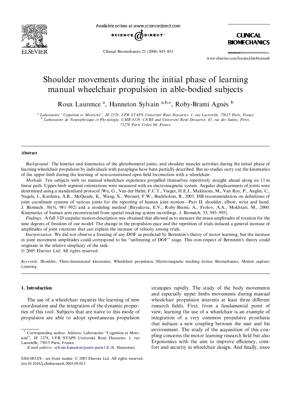 Shoulder movements during the initial phase of learning manual wheelchair propulsion in able-bodied subjects