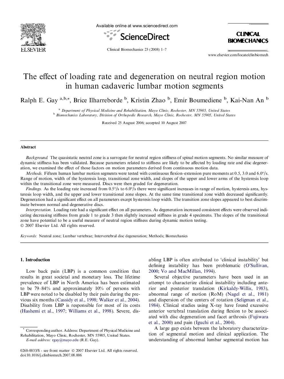 The effect of loading rate and degeneration on neutral region motion in human cadaveric lumbar motion segments