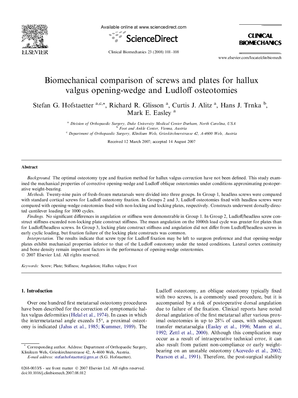 Biomechanical comparison of screws and plates for hallux valgus opening-wedge and Ludloff osteotomies