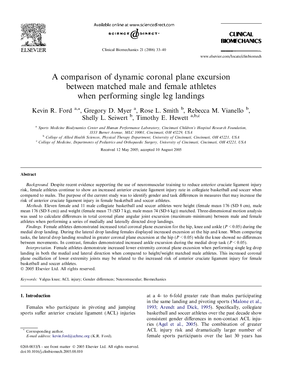 A comparison of dynamic coronal plane excursion between matched male and female athletes when performing single leg landings