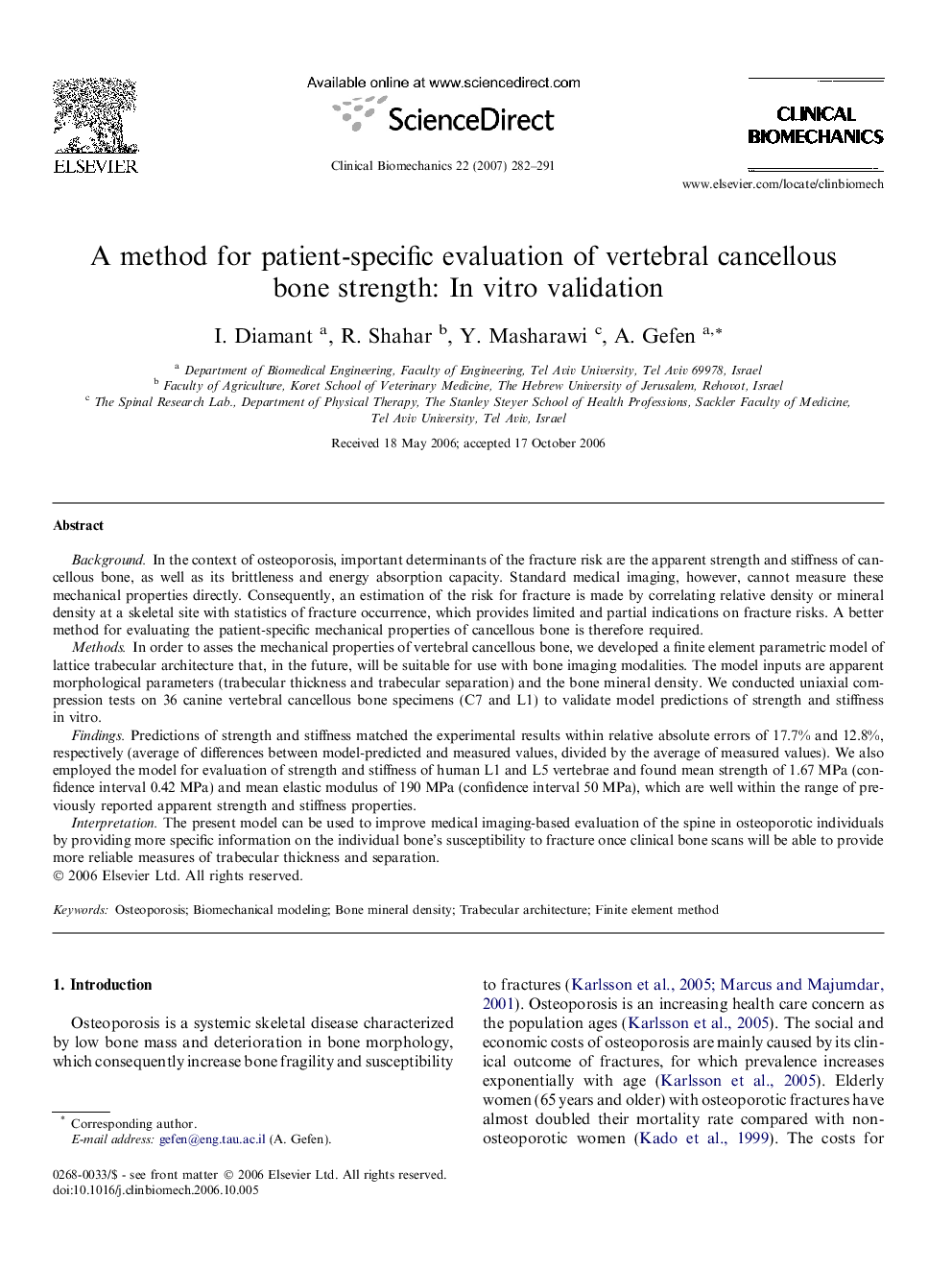 A method for patient-specific evaluation of vertebral cancellous bone strength: In vitro validation