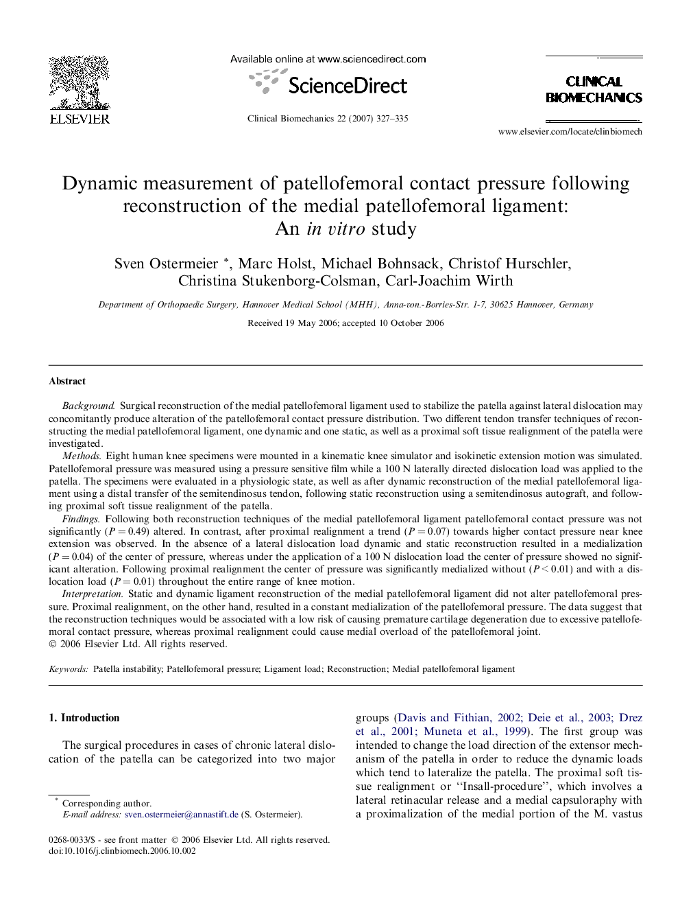 Dynamic measurement of patellofemoral contact pressure following reconstruction of the medial patellofemoral ligament: An in vitro study