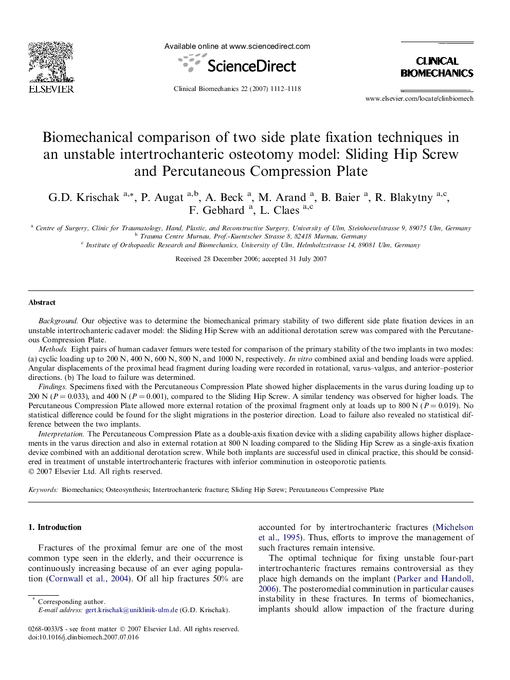 Biomechanical comparison of two side plate fixation techniques in an unstable intertrochanteric osteotomy model: Sliding Hip Screw and Percutaneous Compression Plate