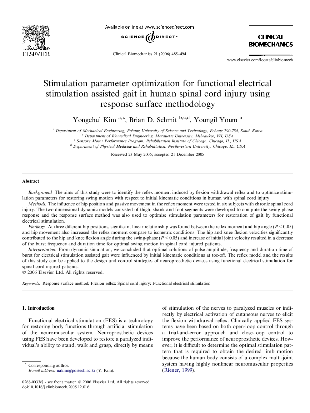 Stimulation parameter optimization for functional electrical stimulation assisted gait in human spinal cord injury using response surface methodology