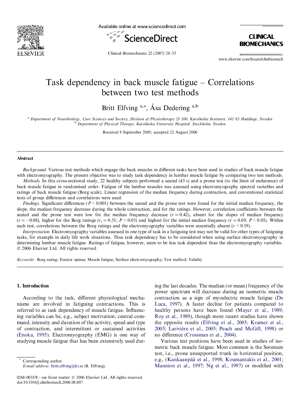 Task dependency in back muscle fatigue - Correlations between two test methods