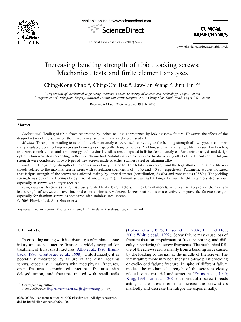 Increasing bending strength of tibial locking screws: Mechanical tests and finite element analyses